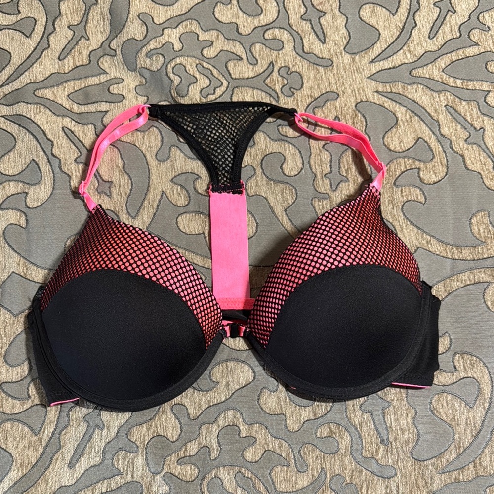 XOXO Black and Pink Mesh Detail Bra